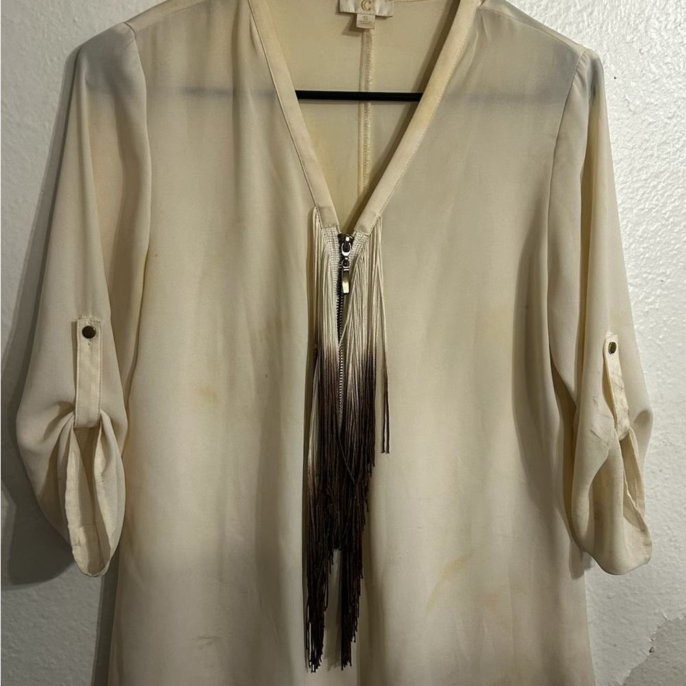 C Cream Relaxed Blouse with Tie Front and Mandarin Collar